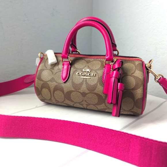 NWT COACH CB874 Lacey Crossbody In Signature Canvas & Leather Khaki/Cerise - Picture 1 of 6